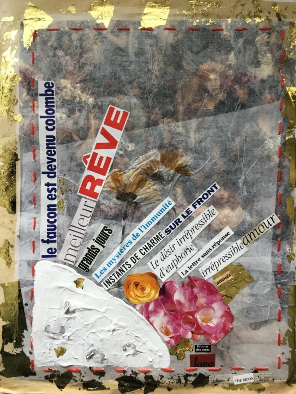 Collage on reproduction mounted on silk and butcher's papers 13 1/2 X 10 1/2inch